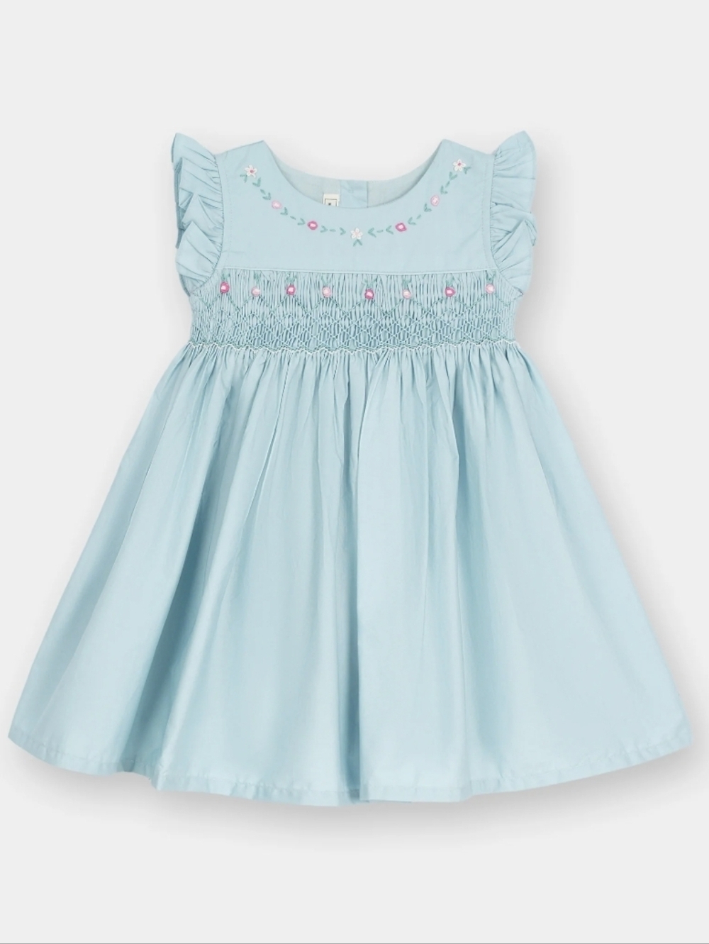 Blue Smocked Flutter-Sleeve Kids Dress with Floral Embroidery